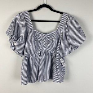 Old Navy White Blue Striped Smocked Puff Short Sleeve Babydoll Swing Blouse Sz L
